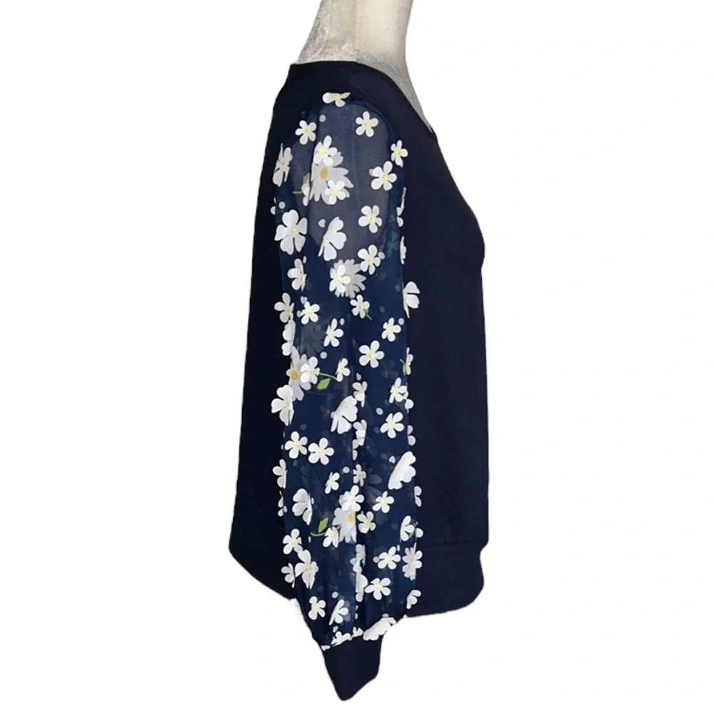 Anthropologie Eva Franco Becky Navy Blue White Daisy Appliqué Top - XS